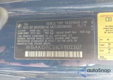 2012 BMW 335I from USA, damaged, VIN WBAKG7C51CE802307